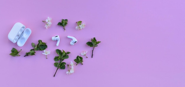 Modern wireless ear phones sounds like flowers a minimalist\
concept for listening to music