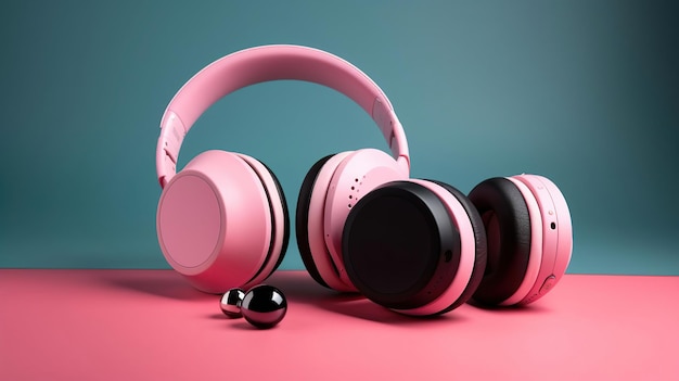 Modern wireless portable speakers and headphones on color background generative ai