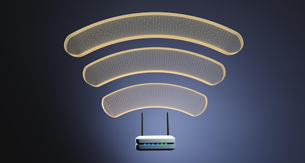 Router wi-fi wireless moderno. connessione internet ad alta velocità, rete di computer e concetto di tecnologia delle telecomunicazioni. (rendering 3d)