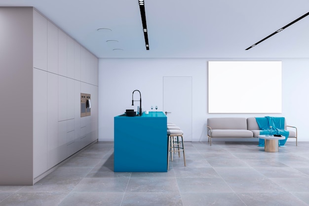 Modern wit en blauw loft keuken studio interieur met lege mock up frame op muur Designs concept 3D Rendering