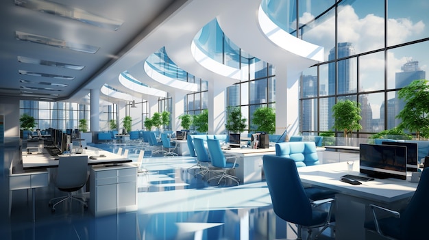 Modern wit en blauw open ruimte kantoorinterieur