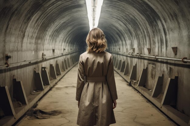 Modern woman coat underground bunker Generate Ai