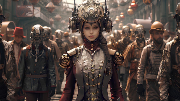 a modern woman dressed in a steampunk outfit walking down a street img ID f5fmm