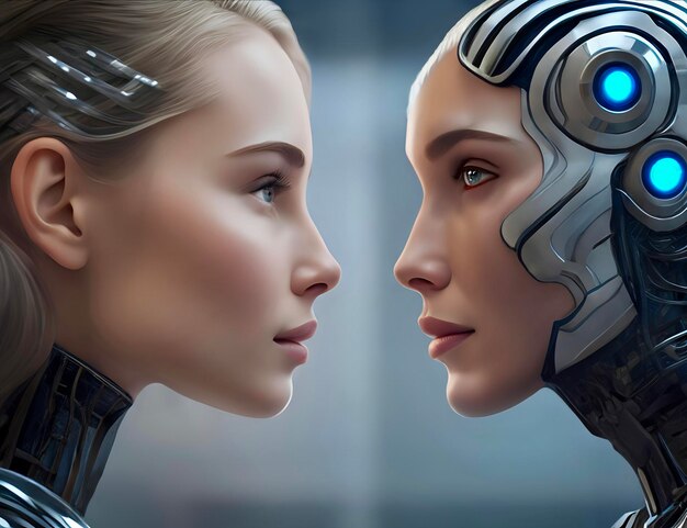 Photo modern woman human face to face versus artificial intelligence ai