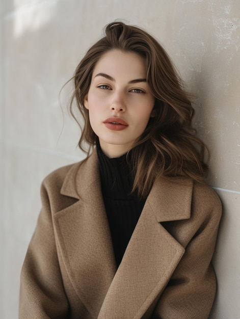 Modern Woman Leaning Against Wall in Coat Generative AI