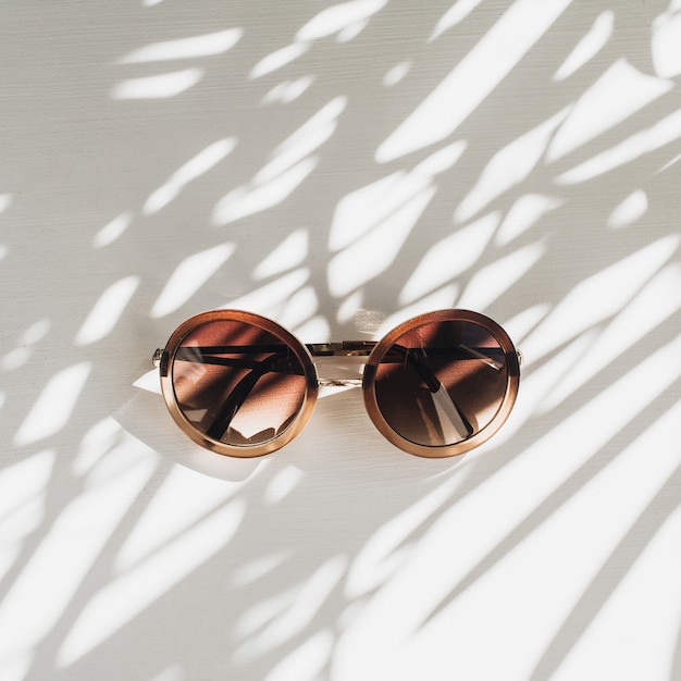 Modern women's sunglasses on white table with palm leaves shadow