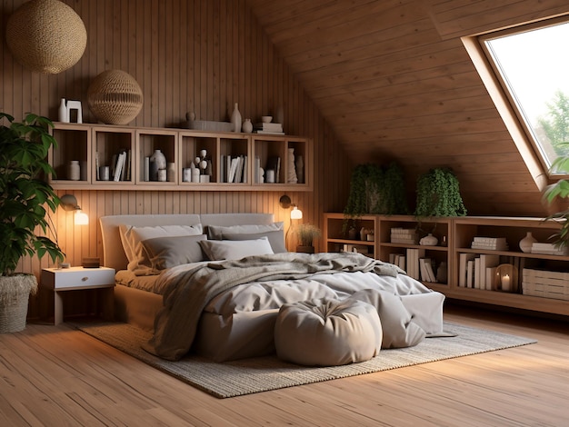 Modern wood bedroom interior thoughtfully designed AI Generated