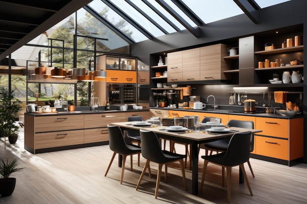 modern wood and orange kitchen theme professional advertising photography