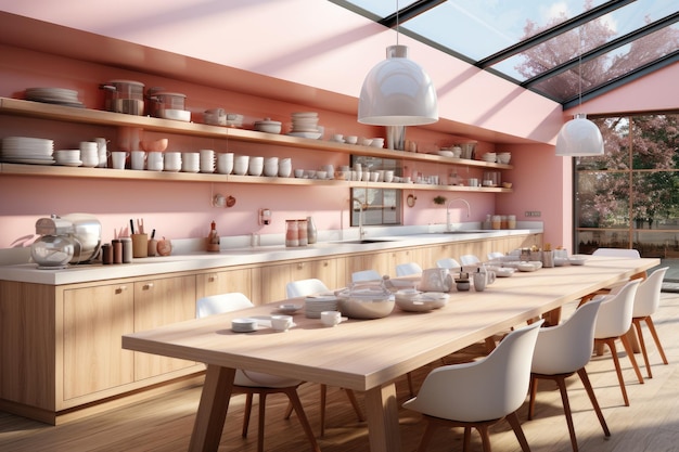 modern wood and pink kitchen professional advertising photography