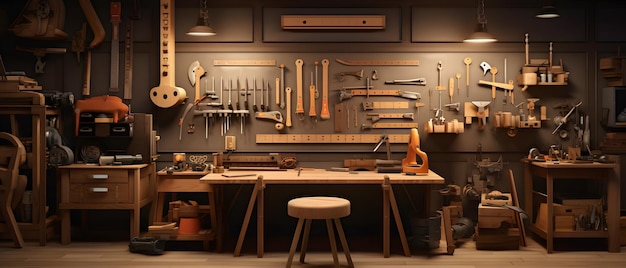 Modern wood working room with tools hanging