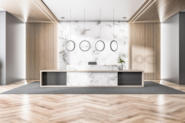 Фото Современный деревянный и бетонный интерьер лобби офиса с приемной столом и декоративными предметами 3d rendering