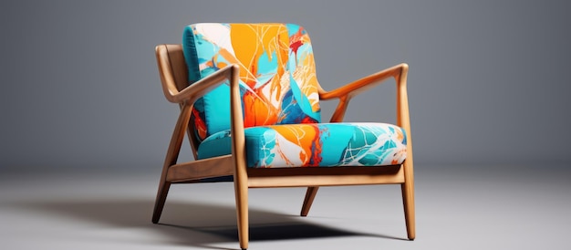 Modern wooden armchair with vibrant pattern on white background