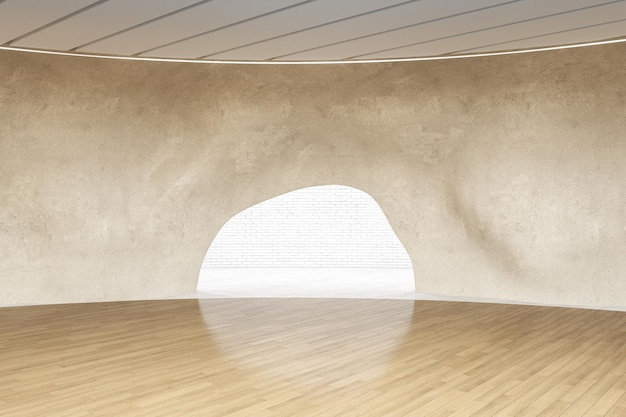 Modern wooden cave interior with reflections museum and\
exhibition concept 3d rendering