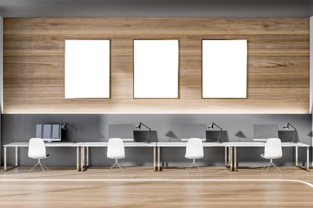 modern wooden and concrete coworking office interior with blank mock up banners on wall furniture and equipment 3d rendering