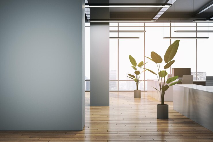 Photo modern wooden and concrete coworking office interior with empty mock up place on wall decorative plants furniture and panoramic windows with city view 3d rendering