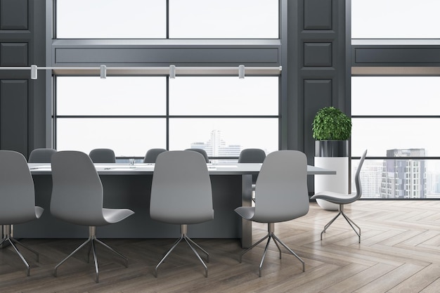 Modern wooden and concrete meeting room interior with panoramic city view furniture and daylight 3D Rendering