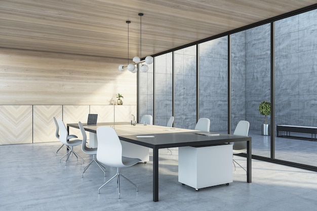 Modern wooden and concrete meeting room interior with panoramic glass windows table with devices 3D Rendering