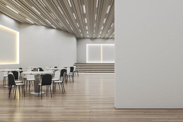 Modern wooden and concrete restaurant interior with dining area stage and empty mock up place on wall Cafe ad and celebration concept 3D Rendering