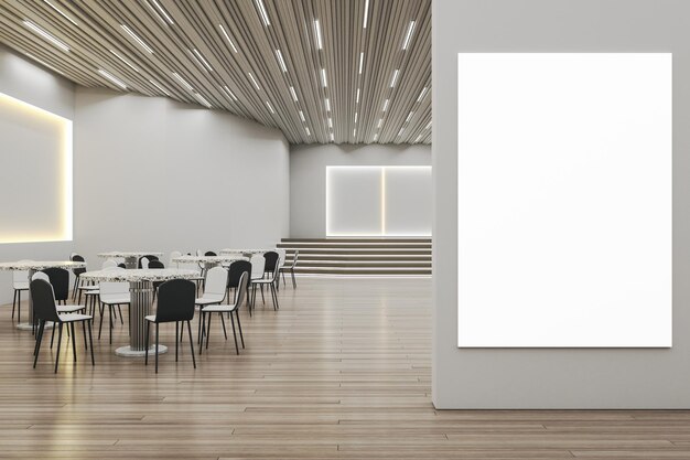 Modern wooden and concrete restaurant interior with dining area\
stage and empty white mock up banner on wall cafe ad and\
celebration concept 3d rendering