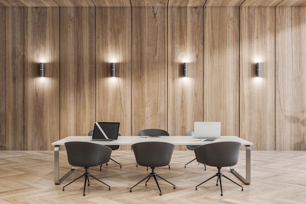 Modern wooden conference room interior with furniture design\
and workplace concept 3d rendering