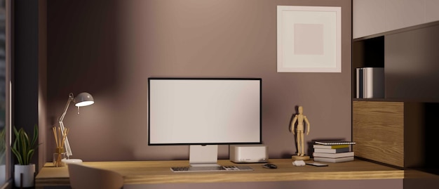 Modern wooden desk with computer desktop mockup table lamp wood\
figure and frame mockup on the wall