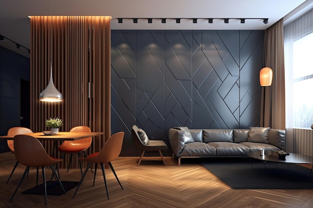 Modern wooden divider concept with leather chair gray wall modern pendant light and textured laminate flooring