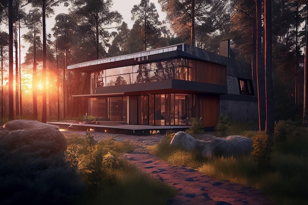 Modern wooden house with solar panels on the roof at sunset or down in forest AI