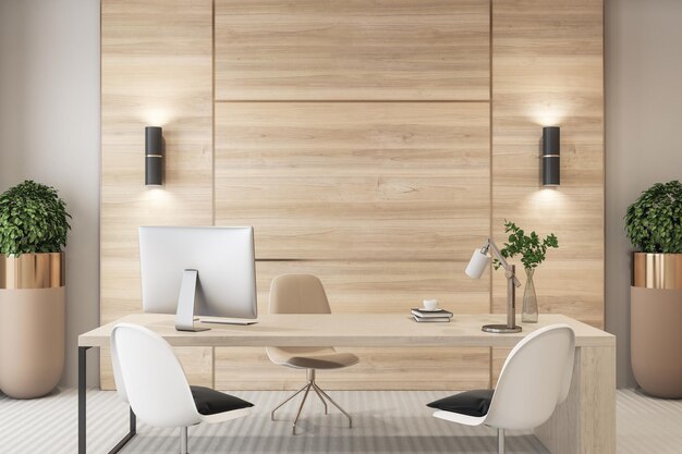 Premium Photo | Modern wooden office interior with desktop equipment and other items workplace and design concept 3d rendering Premium Photo | Modern wooden office interior with desktop equipment and other items workplace and design concept 3d rendering