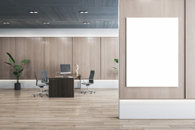 Modern wooden office interior with furniture and empty white mock up banner on wall 3D Rendering