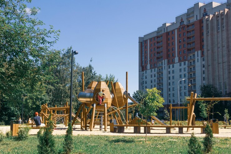 modern wooden playground in residential area