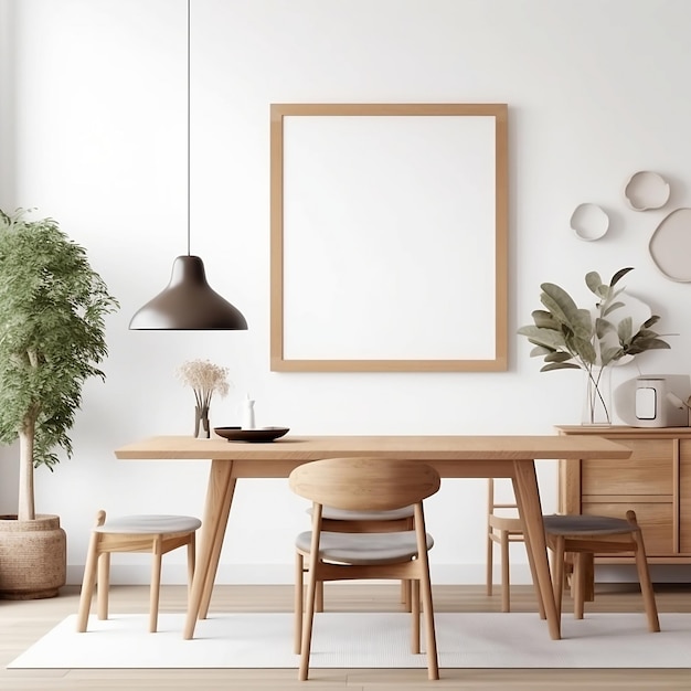 Modern wooden table and chairs are set up in the dining room with a picture frame on the wall