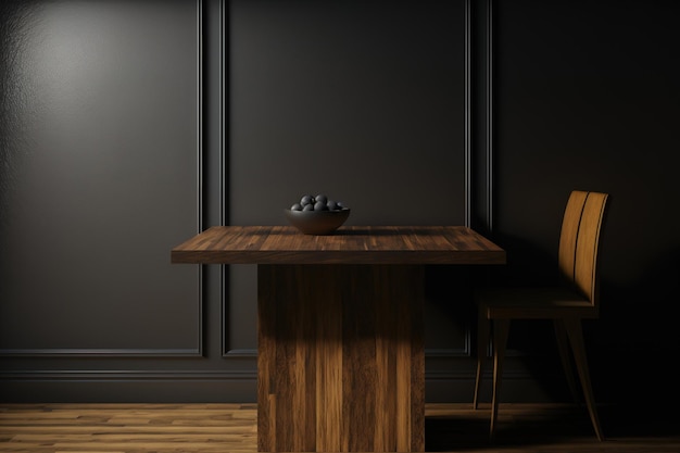 暗い壁の近くにあるモダンな木製テーブル