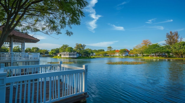 Photo modern wooden waterfront house or resort near lotus pond with white fence around generative ai