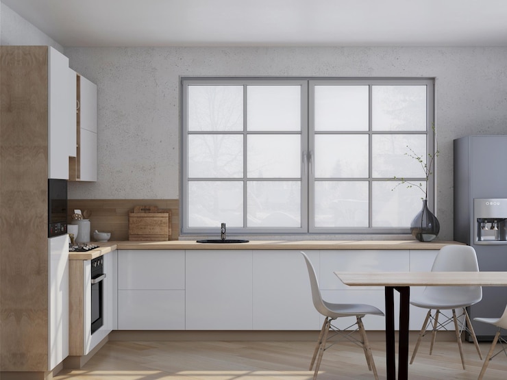 Photo modern wooden white kitchen in the interior