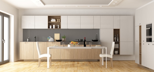 Modern wooden and white kitchen