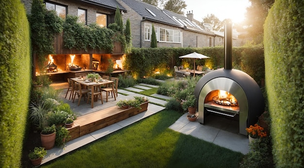 a modern woodfired oven in a home garden