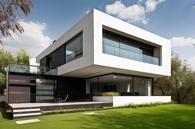 Modern woonhuis met strakke lijnen en minimalistisch design gecreëerd met generatieve ai