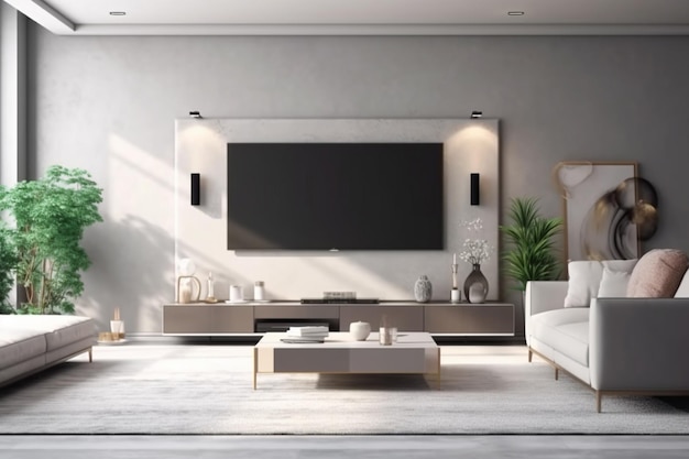 Modern woonkamer interieur met tv-scherm op betonnen muur 3D Rendering