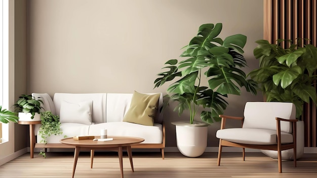 Modern woonkamerinterieur met groene planten Generatief ai-ontwerp