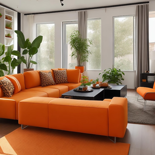 Modern woonkamerinterieur met oranje bankplant en geometrisch patroon gegenereerd door AI