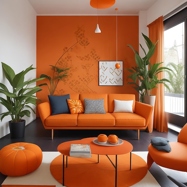 Modern woonkamerinterieur met oranje bankplant en geometrisch patroon gegenereerd door AI
