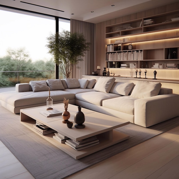 Modern woonkamerinterieur met stijlvolle comfortabele bank
