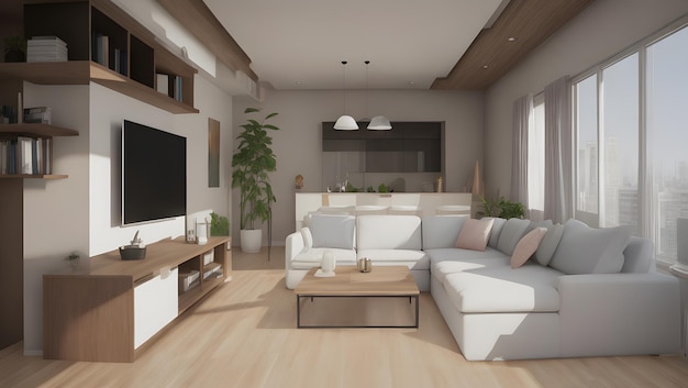 Modern woonkamerinterieur met televisietoestel, bank, fauteuil, vloerlamp en salontafel