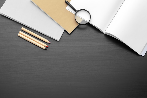 modern workplace on a black table top view