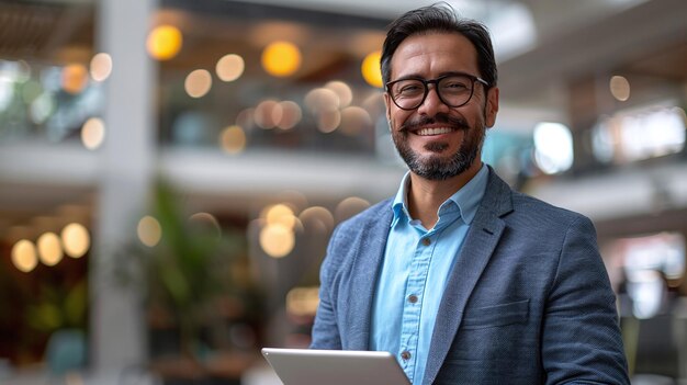 Photo modern workplace happy young businessman excels as latin executive with tablet