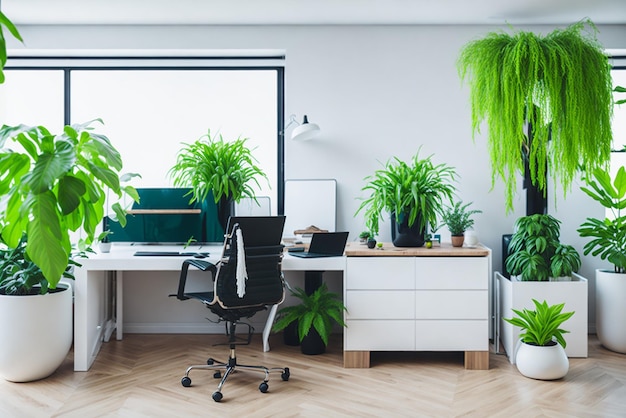 Modern workplace in room decorated with green potted plants home design