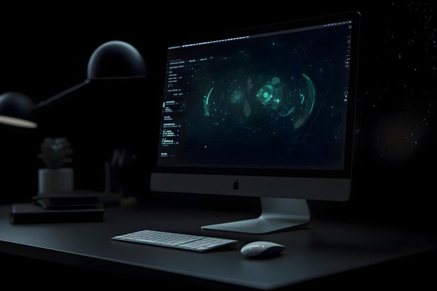 Foto luogo di lavoro moderno con computer su sfondo nero rendering 3d immagine tonica