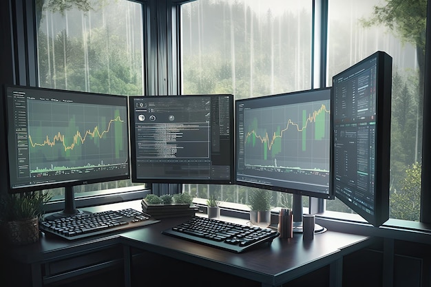 Modern workplace with computer monitors with stock market graphs 3D Rendering