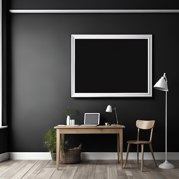 modern workplace with laptop blank blackboard and empty black frame on wooden table 3 d renderingm