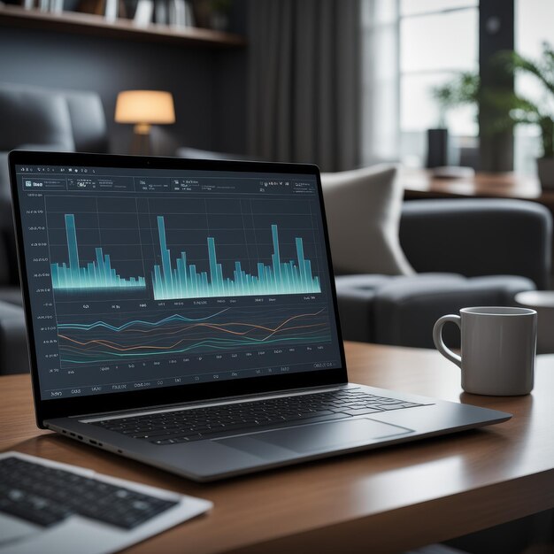 テーブルにラップトップとグラフを置いた近代的な作業場